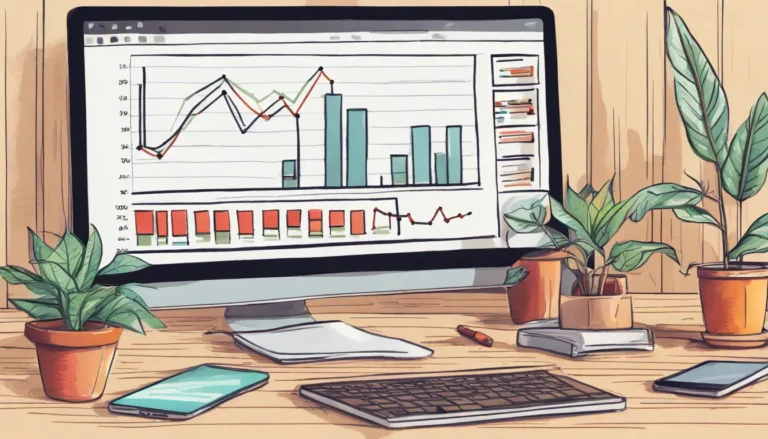 Computador exibindo gráficos de SEO em ambiente de trabalho moderno com caderno, smartphone e planta, ideal para entender sobre SEO em blogs.